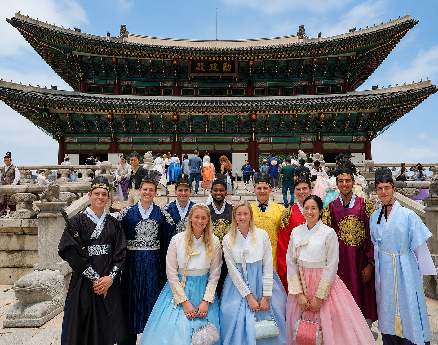 International travelers wearing hanbok in front of Gyeongbokgung Palace's Geunjeongjeon Hall