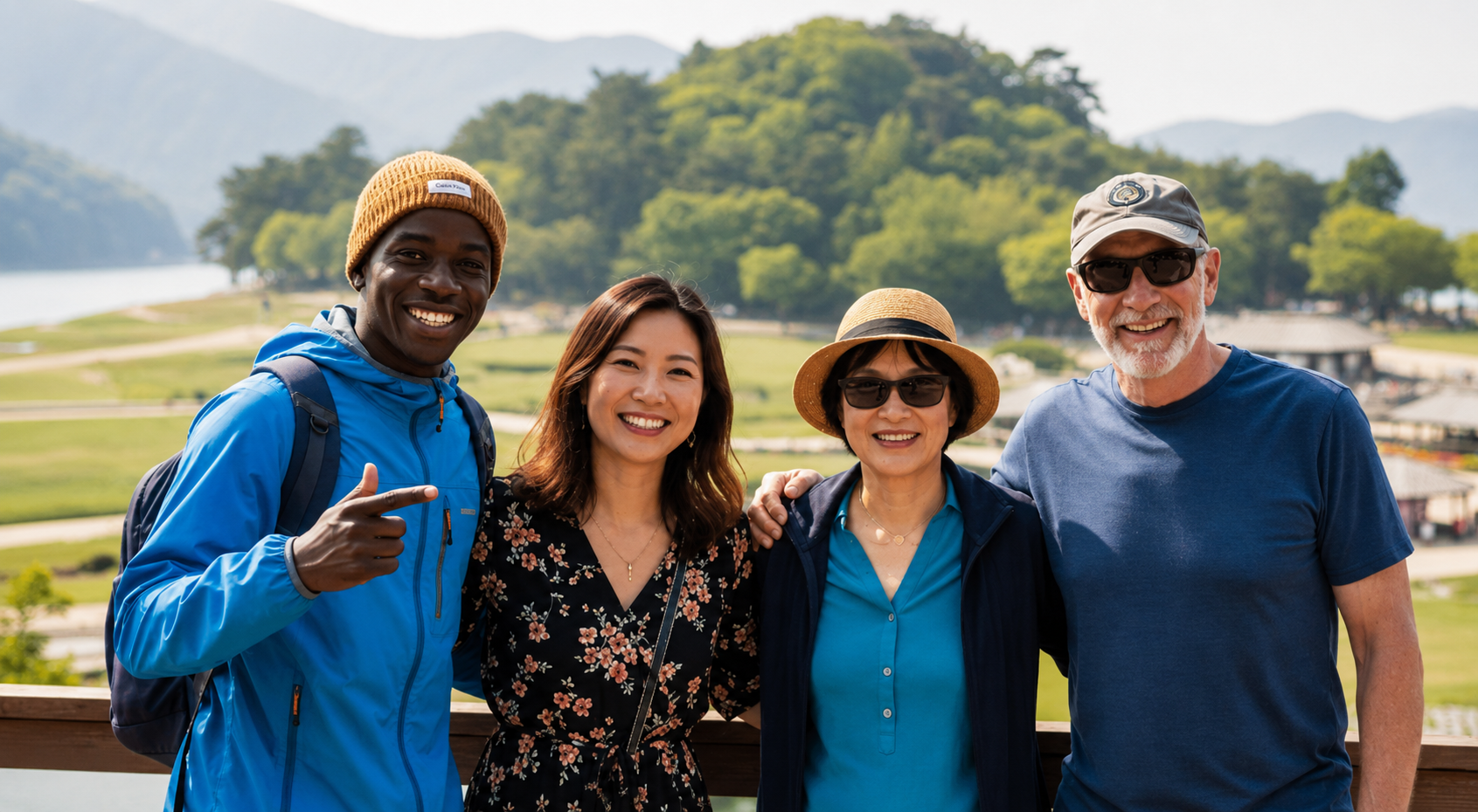 Diverse group of travelers smiling together with Nami Island's green landscape in the background