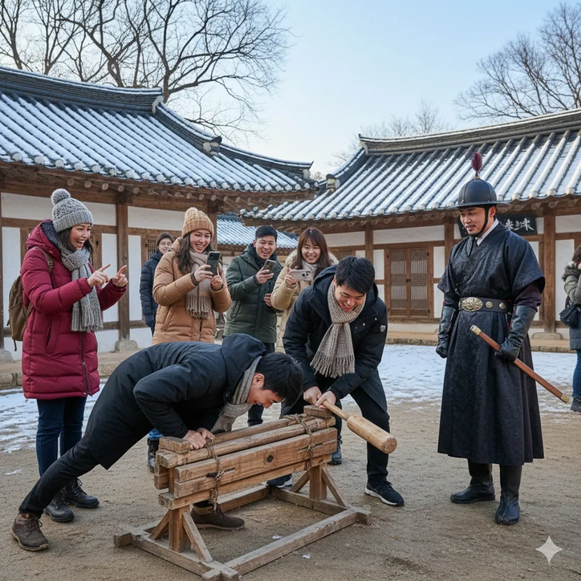 Multi-storey palace pavilion set linked by a wooden bridge over a pond at MBC Dae Jang Geum Park in Yongin