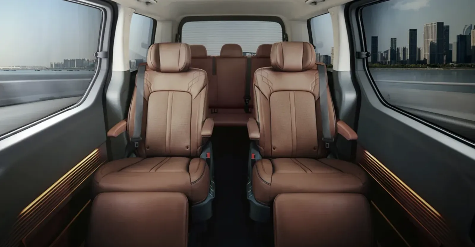 Hyundai Staria private tour van interior with leather captain seats