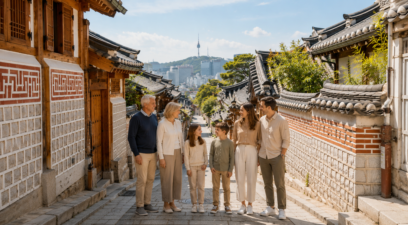 Family walking through Bukchon Hanok Village with traditional Korean houses and Seoul Tower in the background