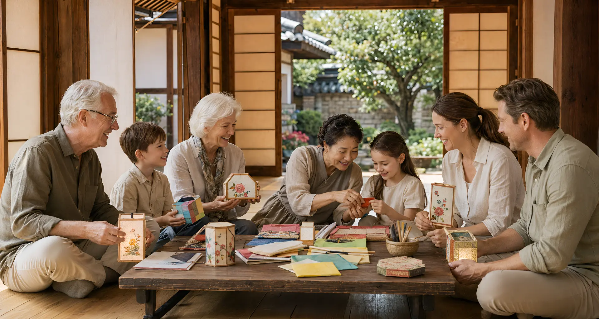Multi-generational family enjoying a traditional Korean paper craft workshop in a Hanok house
